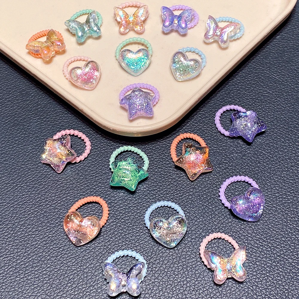 10 قطع من ربطات الشعر الملونة بالترتر للفتيات، أربطة شعر متينة عالية المرونة مع زخارف على شكل نجمة فراشة على شكل قلب عصرية C