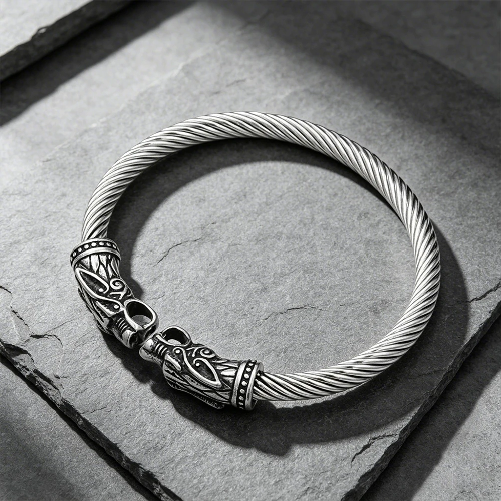 Viking Dragon Head Cuff Bangle Unisex Antique Stainless Steel Twisted Wire Open Protection Talisman Outdoor Jewelry Gift