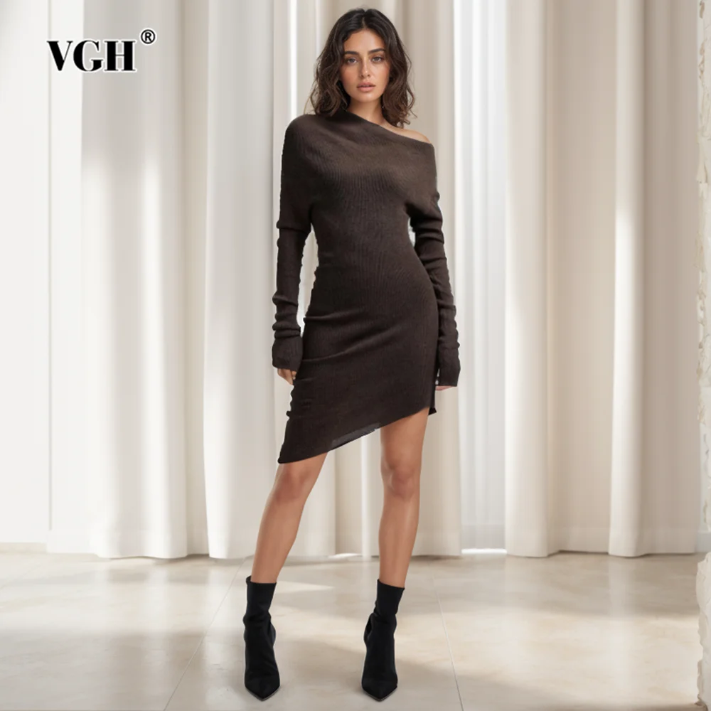 

VGH Diagonal Collar Knitting Bodycon Dresses For Women Off Shoulder Long Sleeve High Waist Solid Mini Dress Female Fashion New