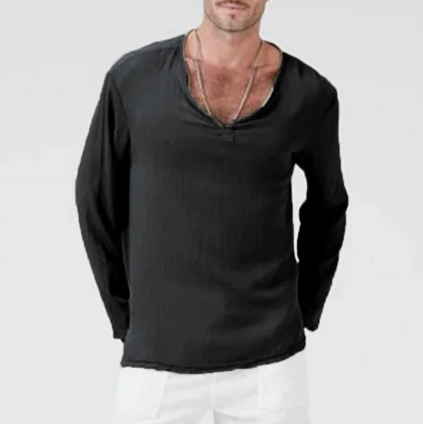 2024 New Men's Cotton Linen Shirt Vintage Ethnic Style Solid Color Loose V-neck Pullover Tops Long-sleeve Casual T-shirt for Men