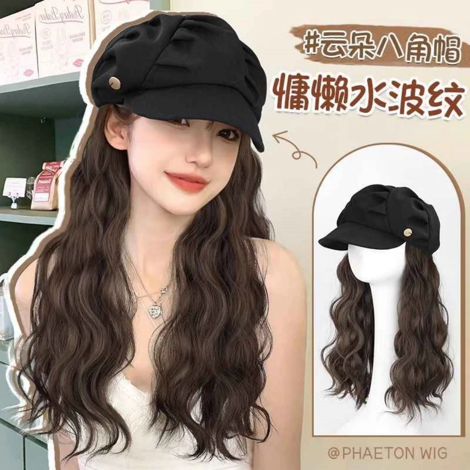 OLACARE 16Inch Long Curl Synthetic Hair Octagonal Cloud Duckbill Cap Integrated Women's Long Hair Autumn Winter Daily Wear Wig