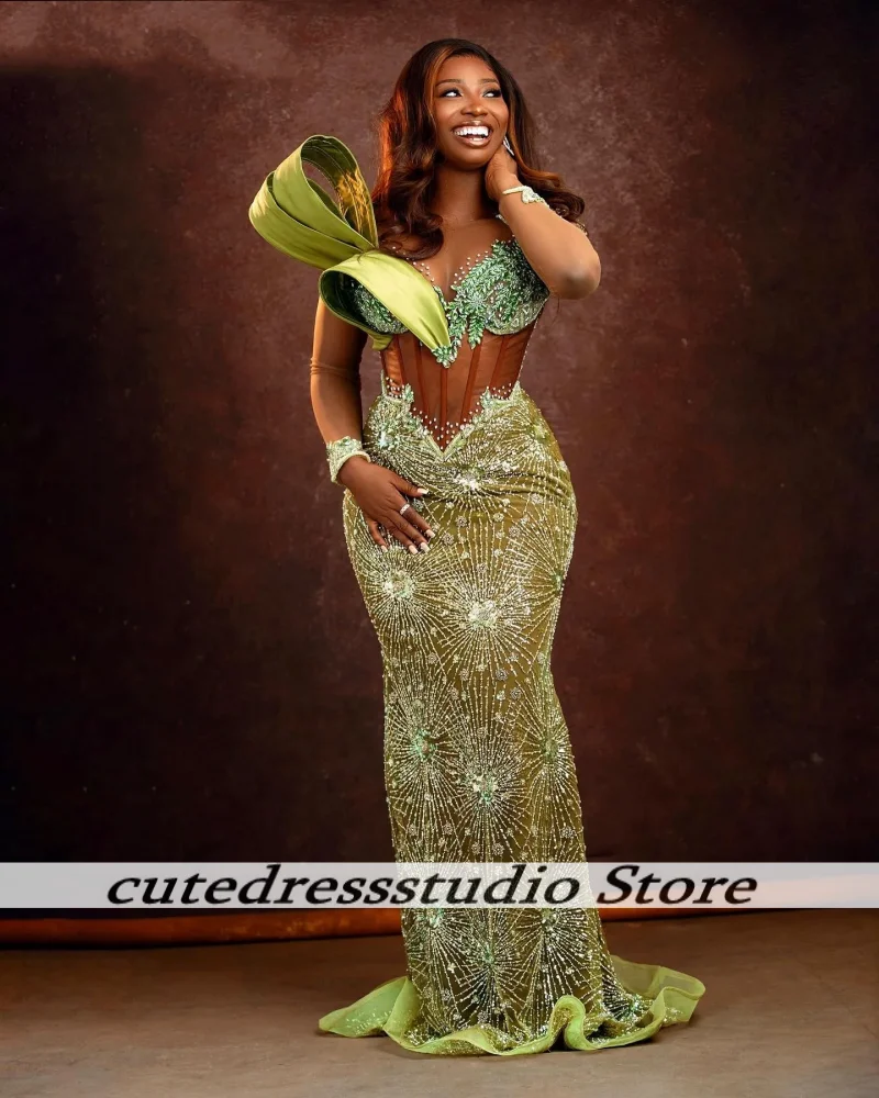 Attractive Green See Through Long Sleeves Mermaid Evening Dress For Women Luxurious Wedding Guest Dresses Prom Gowns Customized