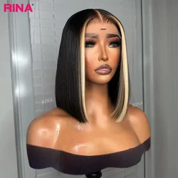 Short Black With Blonde Bob Wig With Baby Hair Transparent Lace Straight Human Hair Wig 13x4 Lace Front Wig 180% For Black Women