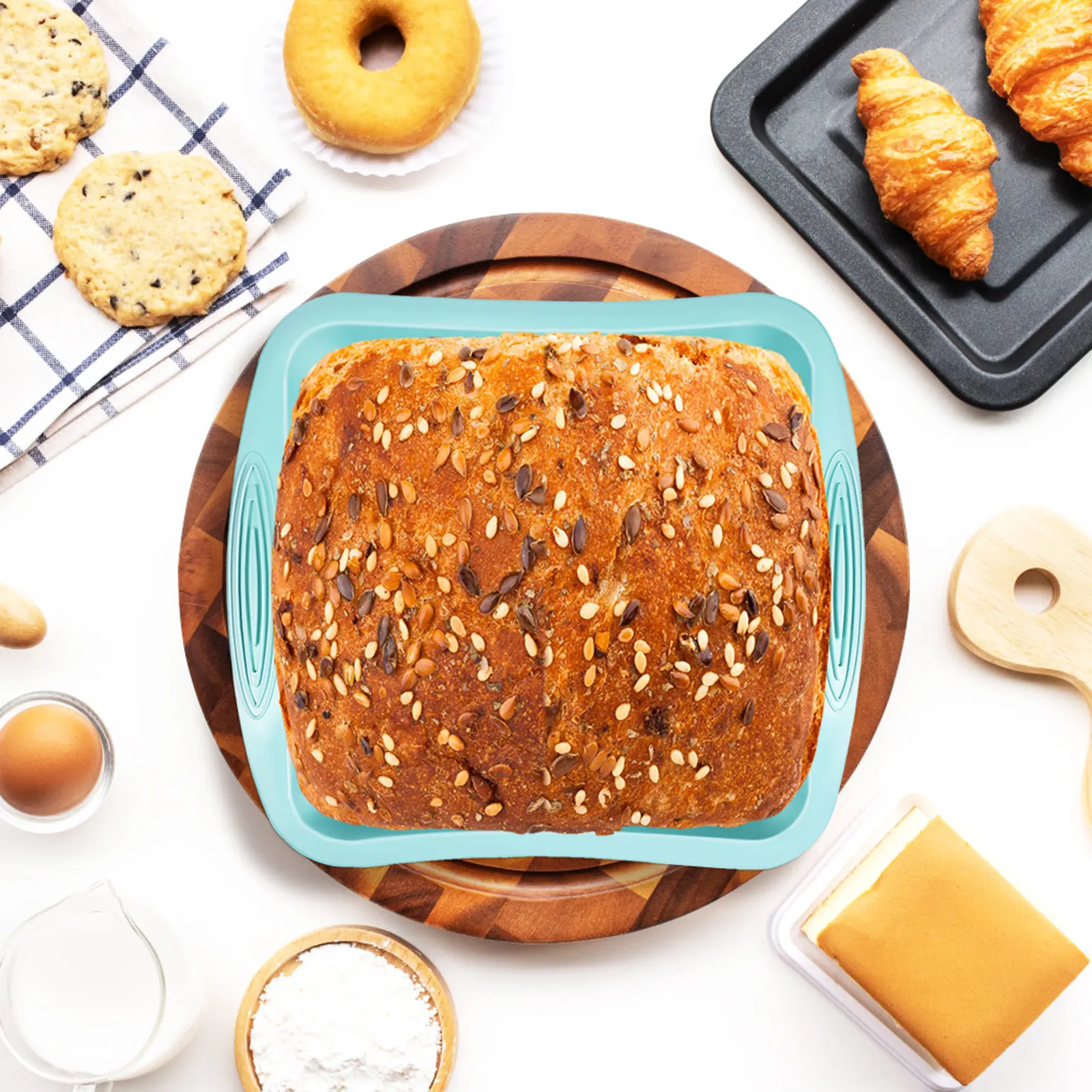 Kitchen Baking Tins - พิมพ์เค้กซิลิโคนทรงสี่เหลี่ยม ถาดอบขนมปัง ถาดอบกันติด ด้ามจับกันลื่น อุปกรณ์ทำขนมในครัว