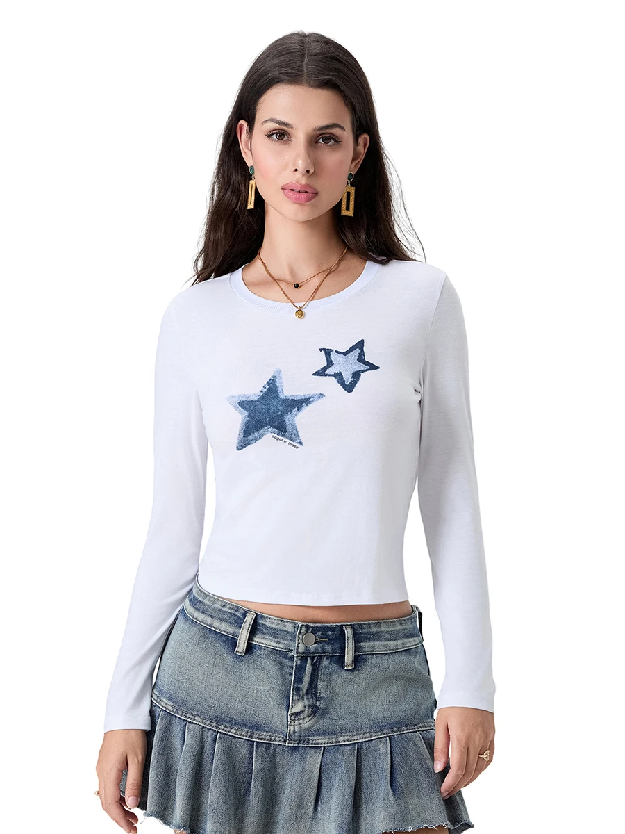 Women s Long Sleeve T-Shirt Fitted Star Print Round Neck Casual Tops for Fall Streetwear