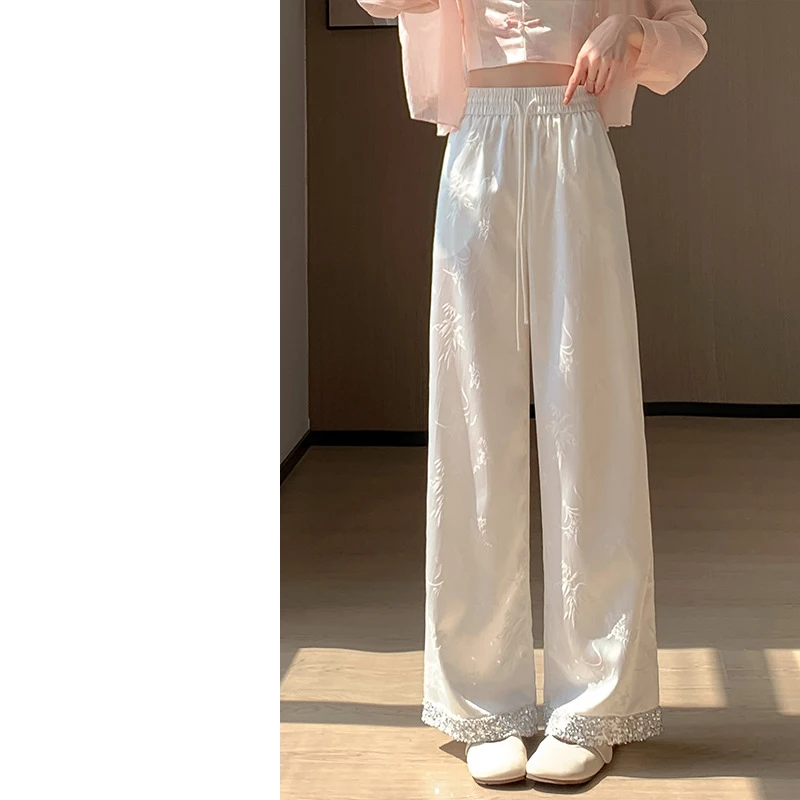 New Chinese Style National Style Jacquard Sequin Splicing Wide Leg Pants for Women 2024 Summer High Waist Slim Casual Pants