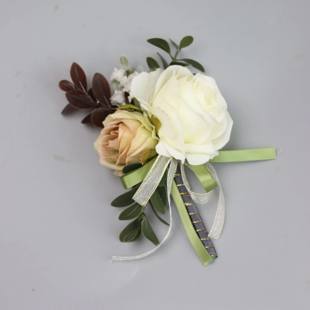 Мужские бутоньерки цвета слоновой кости, зеленые листья, жемчужный корсаж на запястье, свадебная вечеринка, аксессуары Boda Fiesta