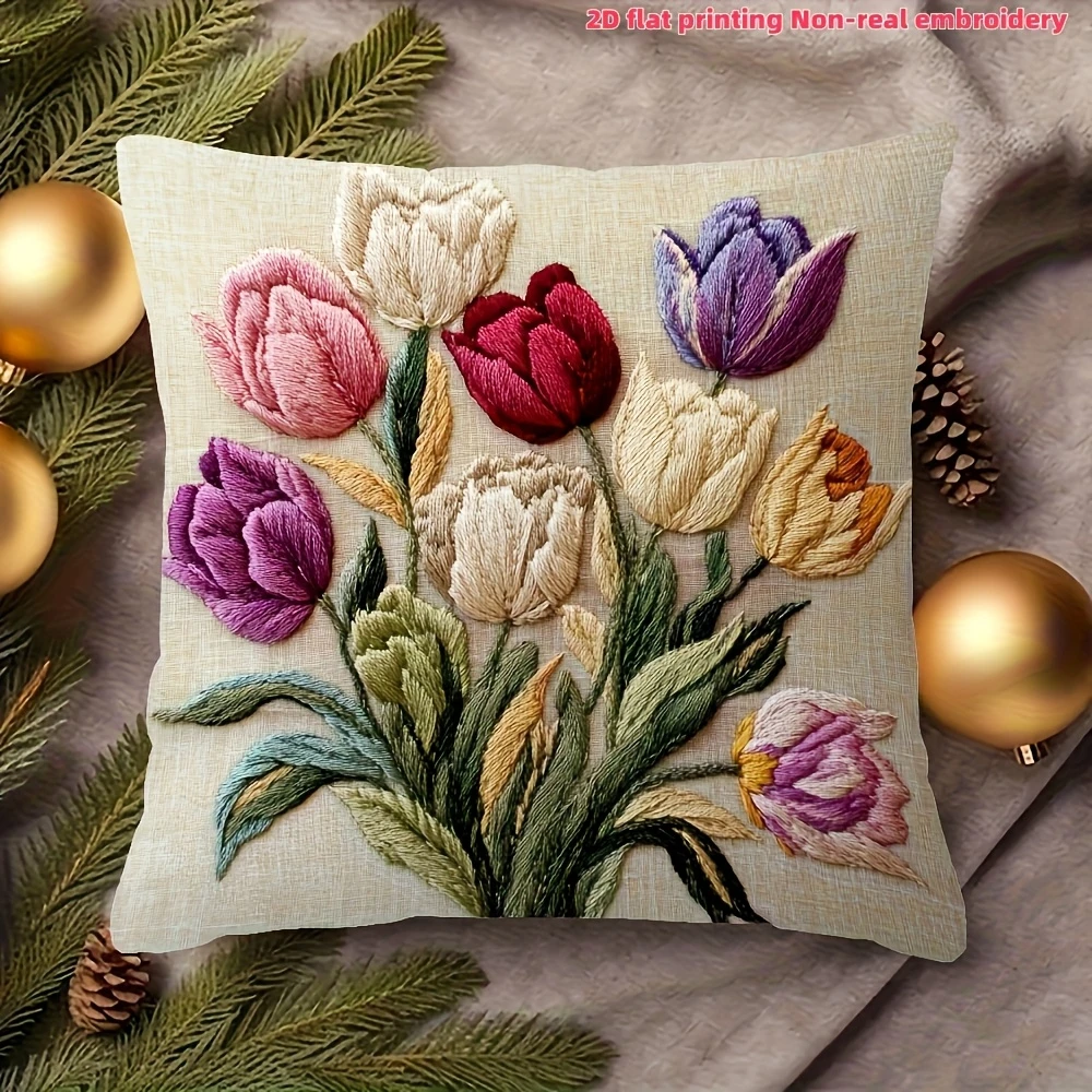 1pc Farmhouse Living Room Pillow Cover, Polyester 2D Double-Sided Print,Tulip Floral Cushion for Spring & Cottage Decor