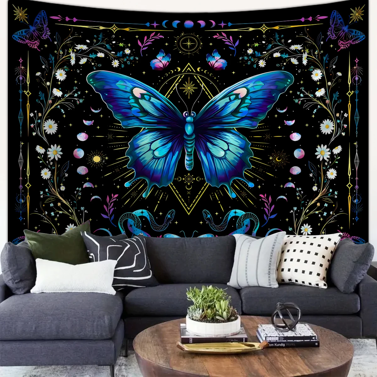 Blue Butterfly , Bohemian Floral , Plant Tapestry, Moon Phase Starry Sky
