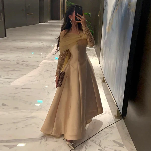 Customized Fashion Organza Pleat Draped Sequined A-line Off-the-shoulder Long Dresses Bespoke Occasion Dresses Exquisite Sparkle