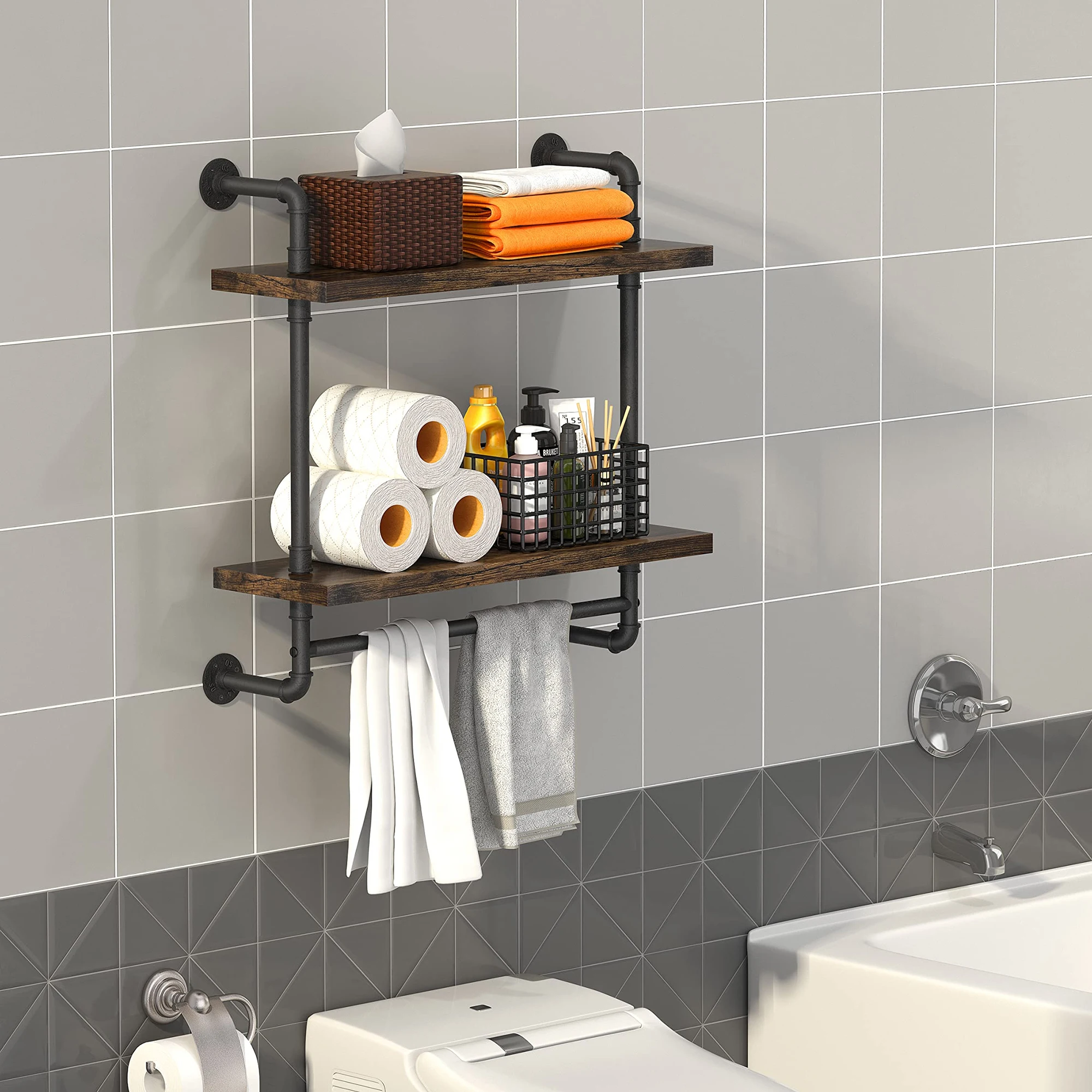 24 Inch Industrial Pipe 2-Tier Wall Shelf with Towel Bar