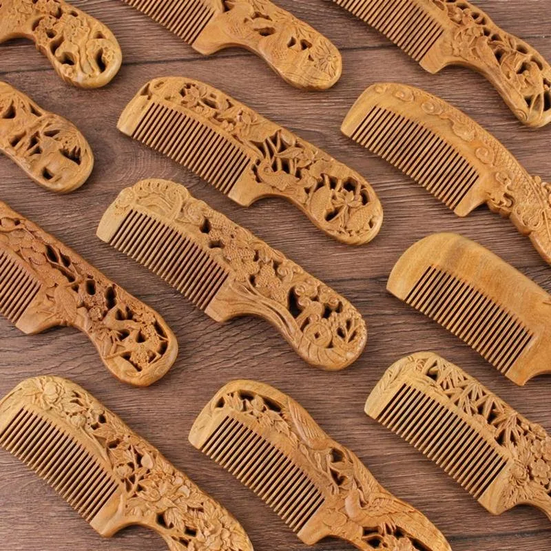 Handmade Wooden Comb Natural Green Sandalwood Thickening Anti-Static Fine Tooth Massage Head Scalp Double Carving Handle Combs