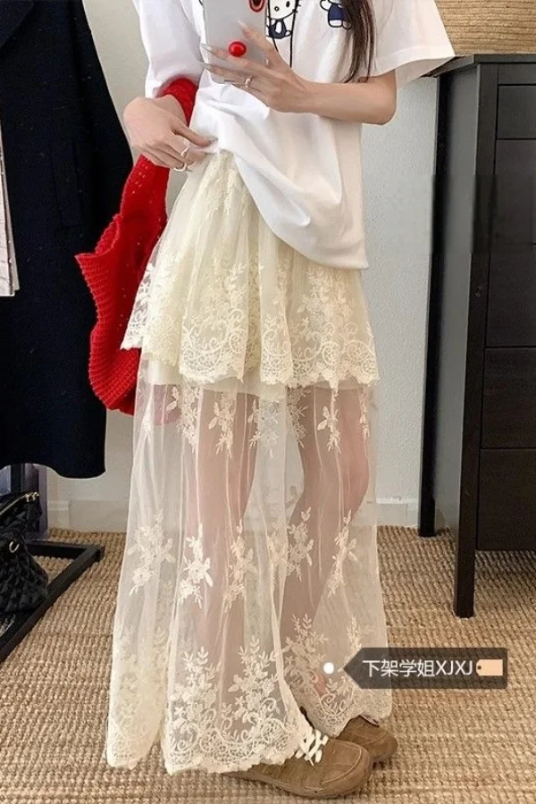 

Lace Trim Vintage Skirt Set 2025 Summer New High Waist Slimming French Mesh Long Skirt