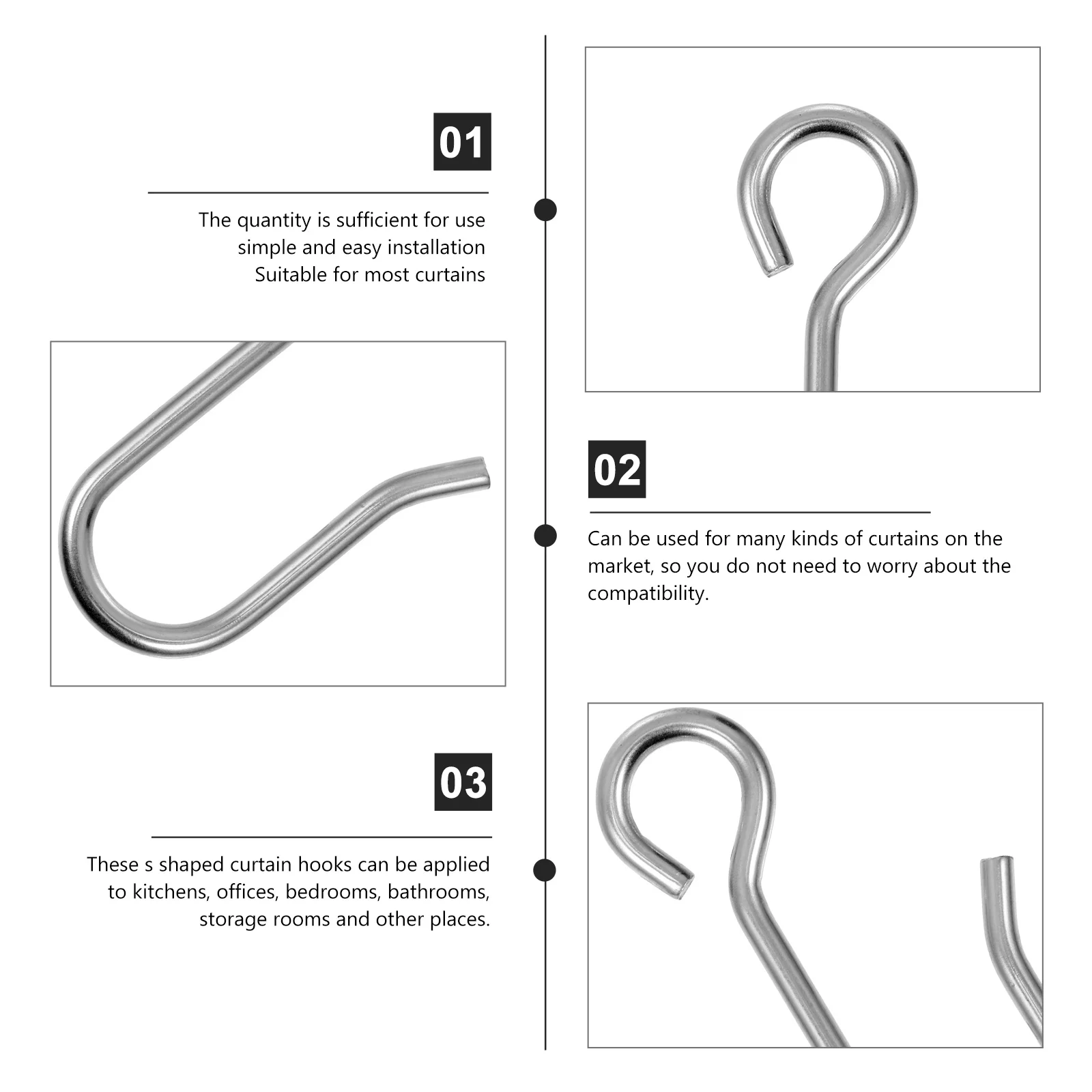100 قطعة من الفولاذ المقاوم للصدأ S نوع السنانير حوامل الستائر المقاومة للصدأ الاستخدام العالمي للحمام والمطبخ وغرفة النوم والمكتب