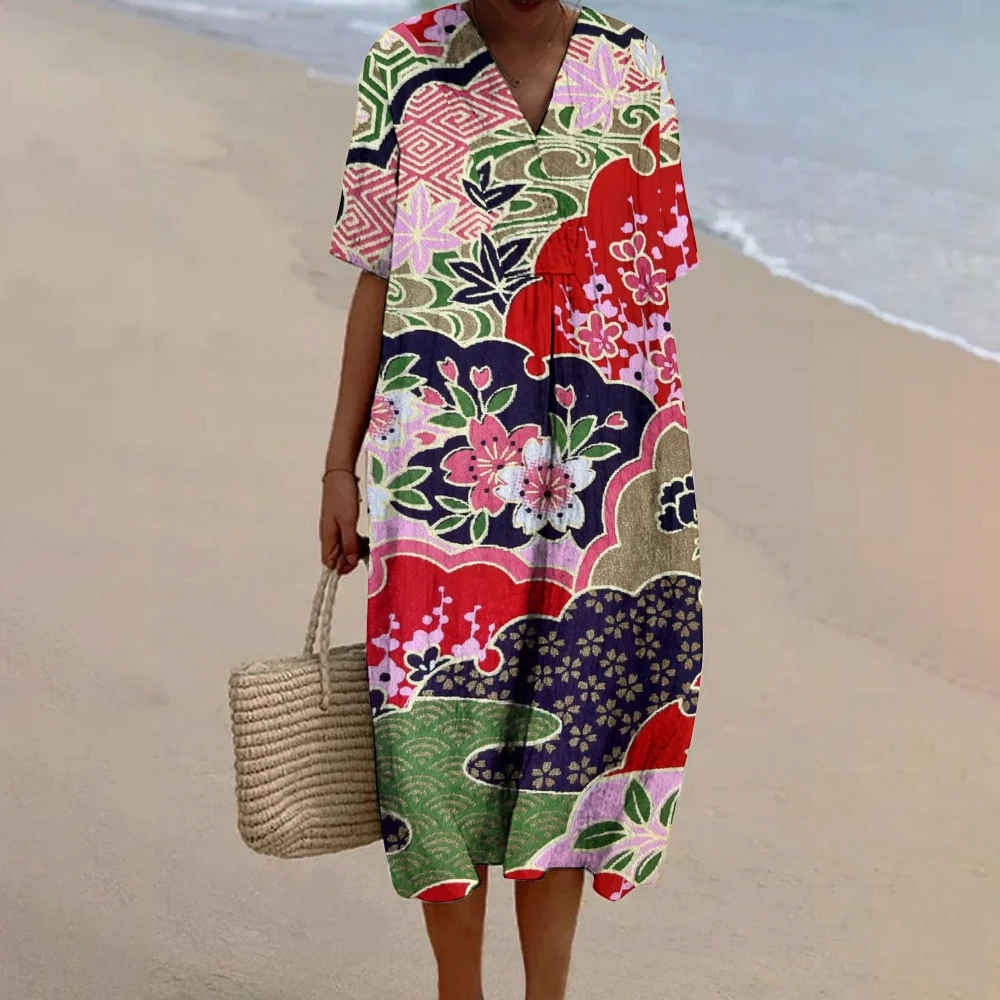 

New Japanese Flower Puzzle Casual Dress Women's Fashion Sexy V-Neck Straight Skirt Loose Short Sleeve Design Vacation Dress