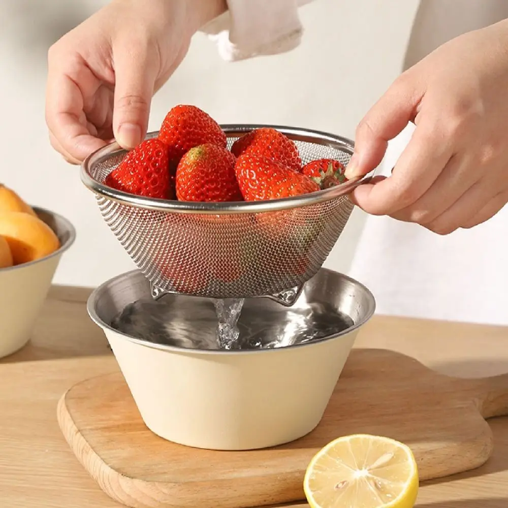 Stainless Steel Colander with Bowl Beige Silver Multifunctional Design Rice Strainer Dishwasher Safe Microporous Structure