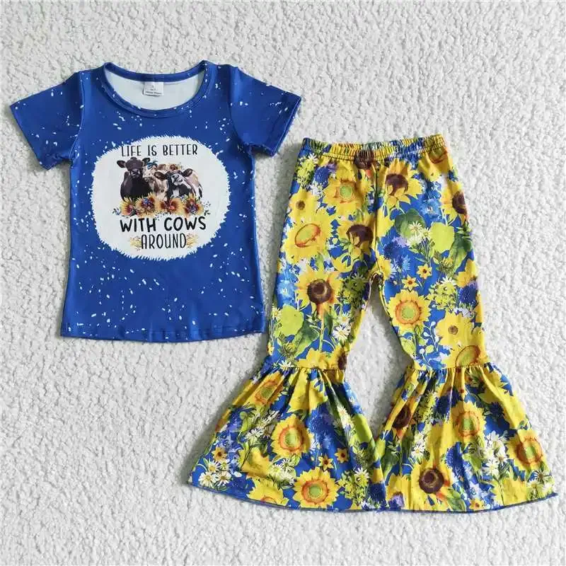 2022 Toddlers Baby Girl's Navy Blue Life Is Better With Cows Clothing Set Sunflower Print Bell Bottom Pants Children's Boutiques