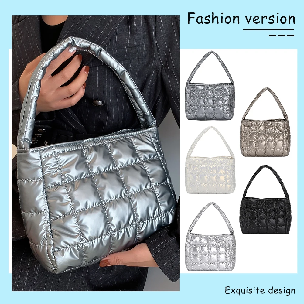 

Quilted Casual Handbags Embroidered Plaid Cotton Padded Tote Fashion Soft Lightweight Portable Solid Color for Weekend Vacation