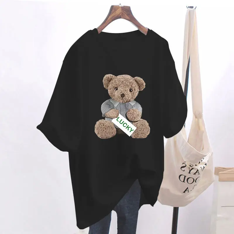 Summer Fashion Animal Bear Print Basic T-shirts Women Casual Pure Cotton O-neck Short Sleeve Top Tee Office Lady Loose Pullovers