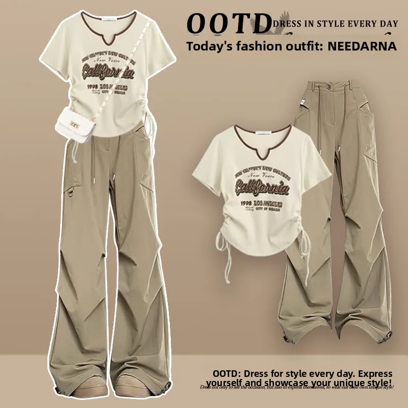 

Sweet And Spicy Dstring ort Sve Women's Two-Piece Set Cool Street Faion T-irt And Workwear Pants Summer Outfit