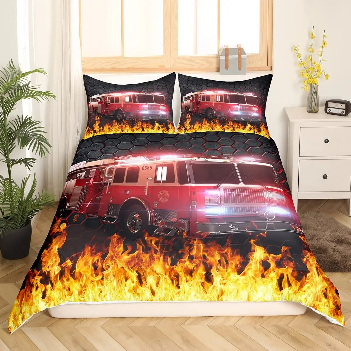 Firefighter Truck Duvet Cover King/Queen Size,red Firemen Car Bedding Set for Kids Boy Girl Teen,Fire Engine Pattern Quilt Cover