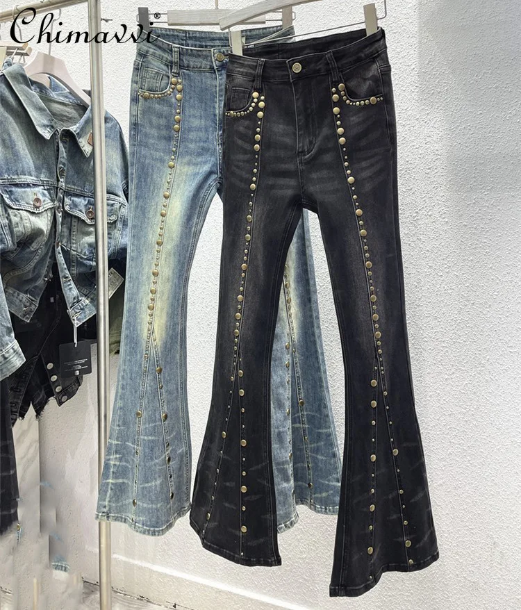 

Retro Denim Flared Pants 2024 Spring and Autumn New Washed Old Metal Rivets Slim-fit Jeans Fashion Elastic High Waist Jeans