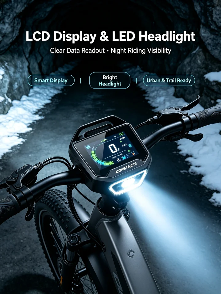 COASTA CT6  Dark Gray Frame 20Inch Fat Tire Electric Bike Dual Motor Full Suspension E Bicycle 3000W Peak 60V Removable Battery Hydraulic Disc Brake Shimano 7‑Speed LCD Display LED Headlight Max Load 150KG For Snow Beach Mountain Off‑Road Riding image 3