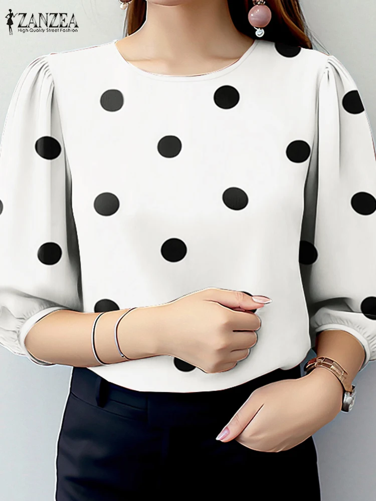 ZANZEA 2025 Donne di Estate Blusas Mujer Pendolarismo O-Collo Quotidiano 3/4 Manica a Soffio Camicette Casual Elegante Polka Dot Chemise Femme