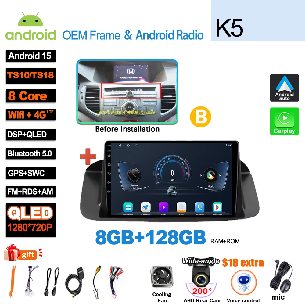 Android 16 Auto radio voor Honda Accord 8 Spirior 2008 2009 2010 2011 2012 2013 multimediasysteem videospeler autoradio GPS navigatie 5G