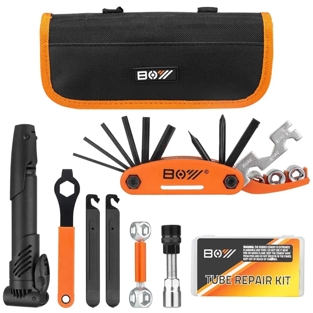 

Bicycle Repair Bag With Tire Pump, Portable Tool Kit For Camping Travel - Patches, Inflator, Maintenance Entials All In One