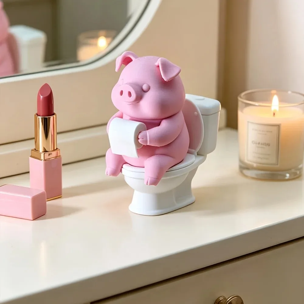 Cute Pig Sitting on Toilet,Bathroom Decor,Tabletop or Wall-Mounted,Home Office Desk & Living Room Display,Home Decor