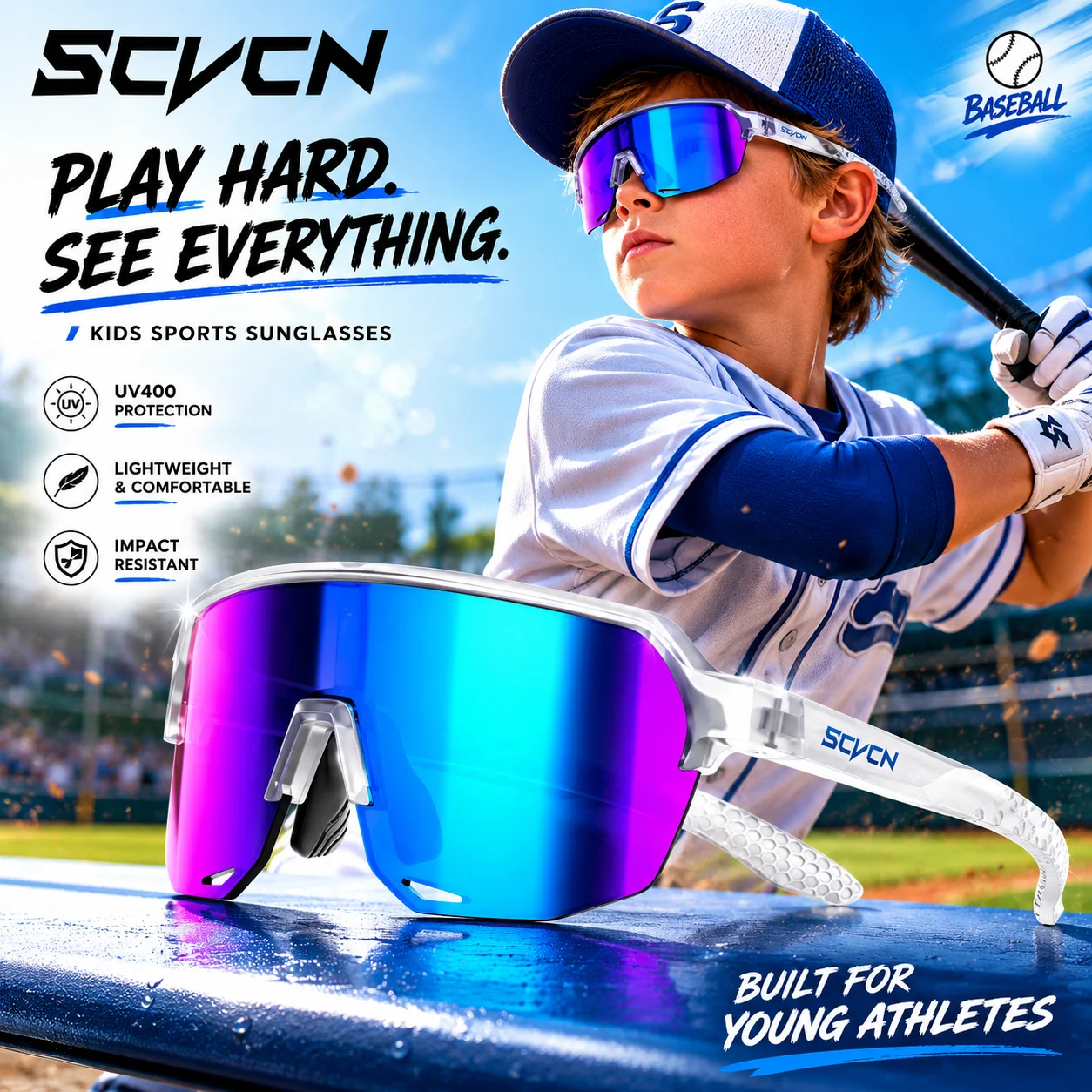 Image of SCVCN Jungen Sonnenbrille Baseball Kinder Sport Radsportbrille Mädchen Outdoor Fahrradbrille Kinderbrille MTB Angeln Fahrrad UV400
