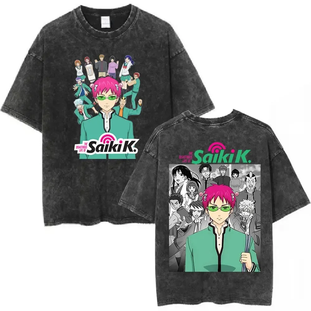 Vintage Washed Saiki K Anime T-Shirt Manga Grafik Weiche Baumwolle Rundhals Kurzarm Unisex Oversized Trendy Streetwear Tees – Detail 5