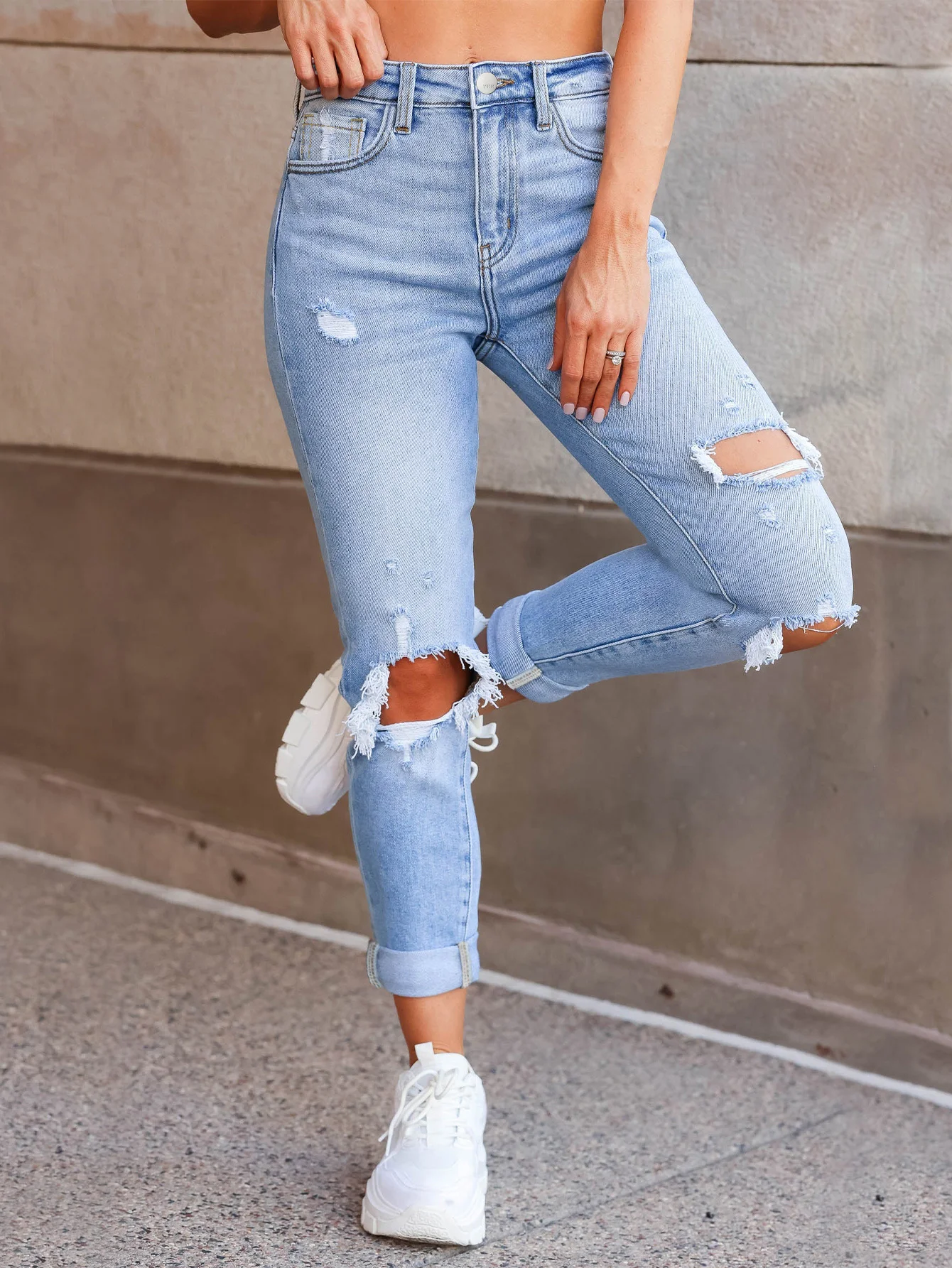 

Женские голубые рваные джинсы, повседневные эластичные узкие джинсы, брюки с девятью точками, повседневная удобная одежда для всех сезонов.