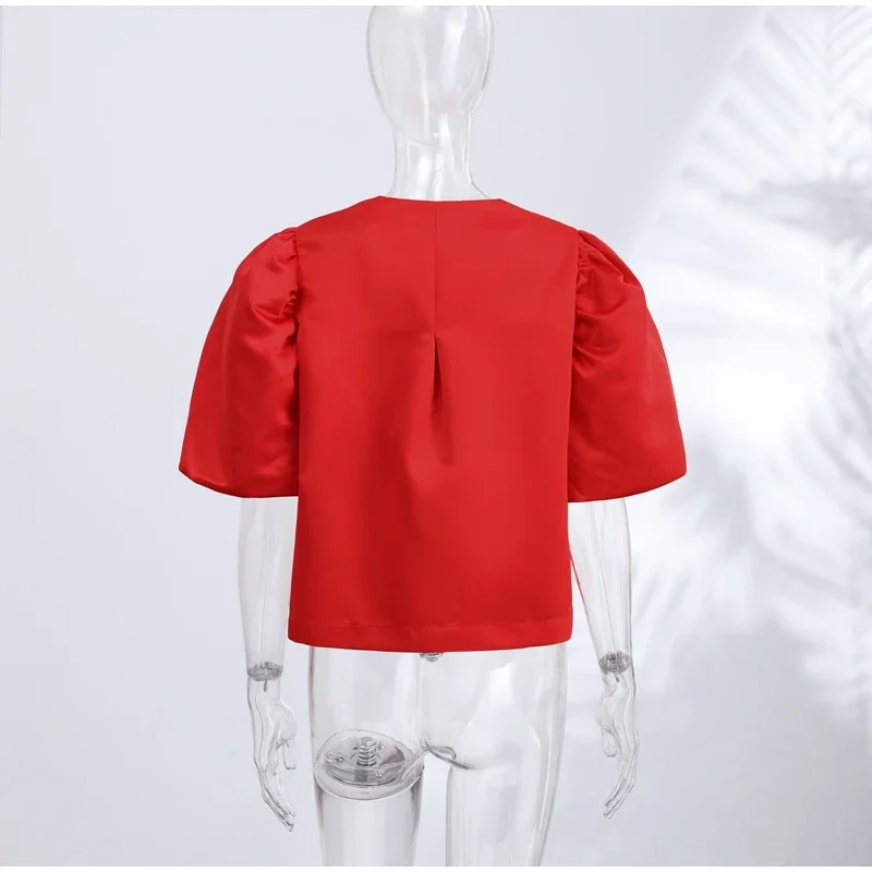 Elegante Damen-Satinbluse mit O-Ausschnitt, Puffärmeln, Schnallenverschluss, einfarbig, locker geschnitten, vielseitig kombinierbar, Party-Mode-Oberteil, Sommer 2026 – Detail 6