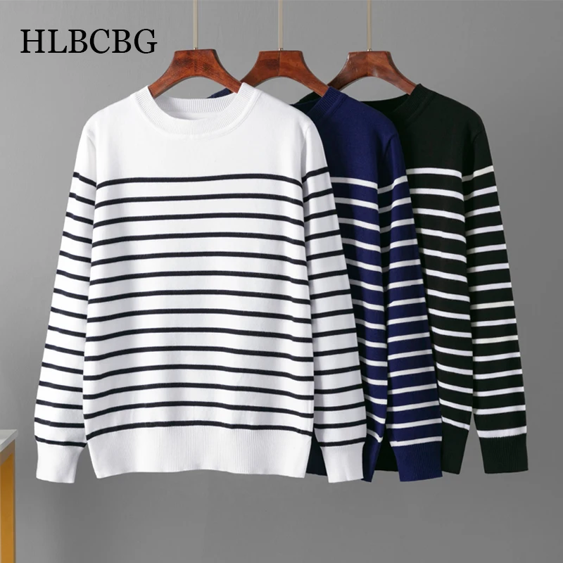 HLBCBG Women\'s Long Sleeve O Neck Stripe Sweater Autumn Winter Thick Warm Pullover Jumper Tops Knitted Loose Fit Woman Sweaters