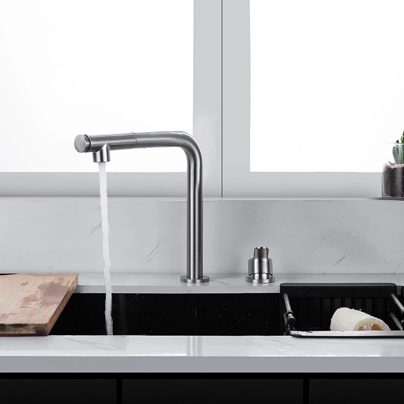 

304 Stainless Steel Pull-out Kitchen Sink Faucet Lift Concealed Hot And Cold Mixed Water Faucet Double Hole Single Handle Tap