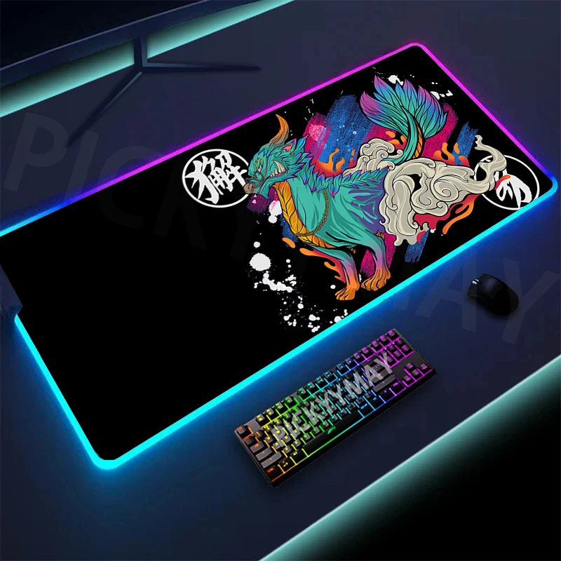 Alfombrillas de escritorio LED grandes Divine Beast XXL RGB, alfombrilla de ratón para computadora, Mith chino, alfombrilla para teclado con retroiluminación, alfombrillas luminosas para Gamer, 90x40cm