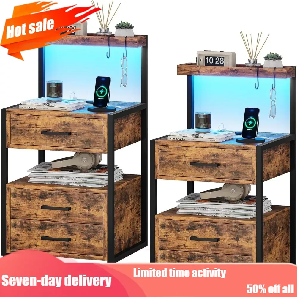 Nightstand with Charging Station and LED Lights,LED Night Stand with 2 USB Ports and 2 AC Outlets,Modern End Table Wit