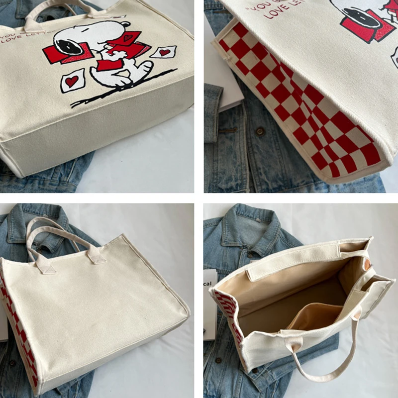 MINISO Disney Serie Snoopy Canvas Bag Women Cartoon Print Tote Bag Fashion Large Capacity Handheld Shoulder Bag Checkerboard Bag