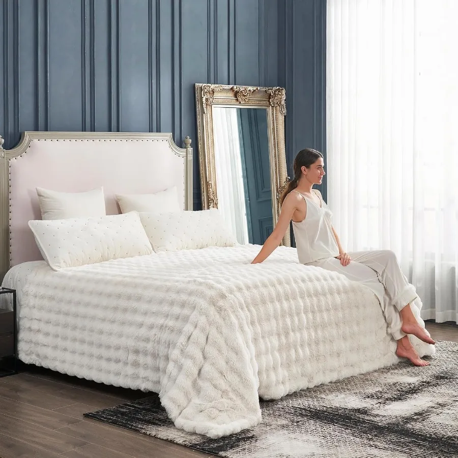 

Faux Fur Throw Blanket for Couch Fuzzy Soft Plush Thick Bubble Blanket for Sofa Bedroom Living Room 108 90 Inches Cream White I
