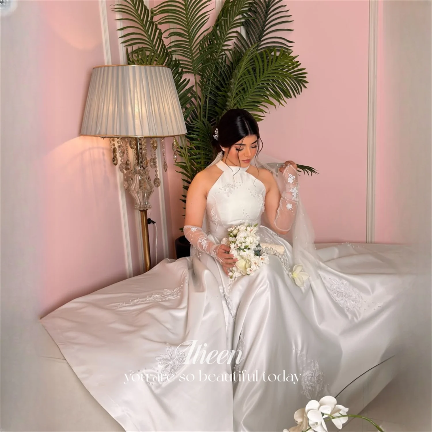 

Aileen Satin High Neck Ivory Ball Gown Evening Dress 2026 Full Floor-Length Prom Dress Wedding Party Customized Formal Gowns