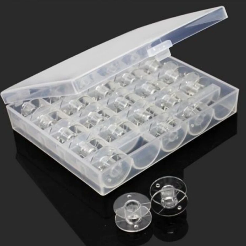 

Box With 25 Empty Clear Bobbin Box Sewing Machine Spool Brother Baby lock Single