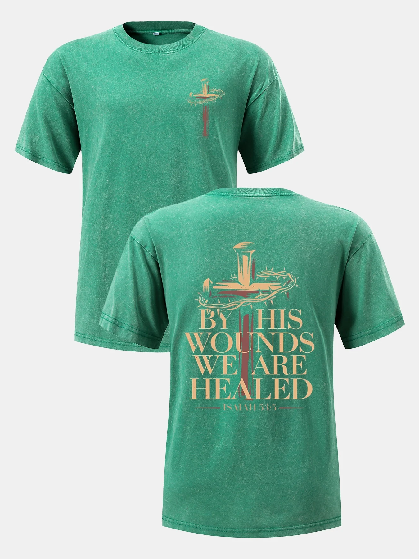 Orca BrandBy His Wos Cross (Isaiah 53:5) 230g Washed Cotton T-shirt Vintage Street Double-sided Printed Pattern T-shirt Men's T-
