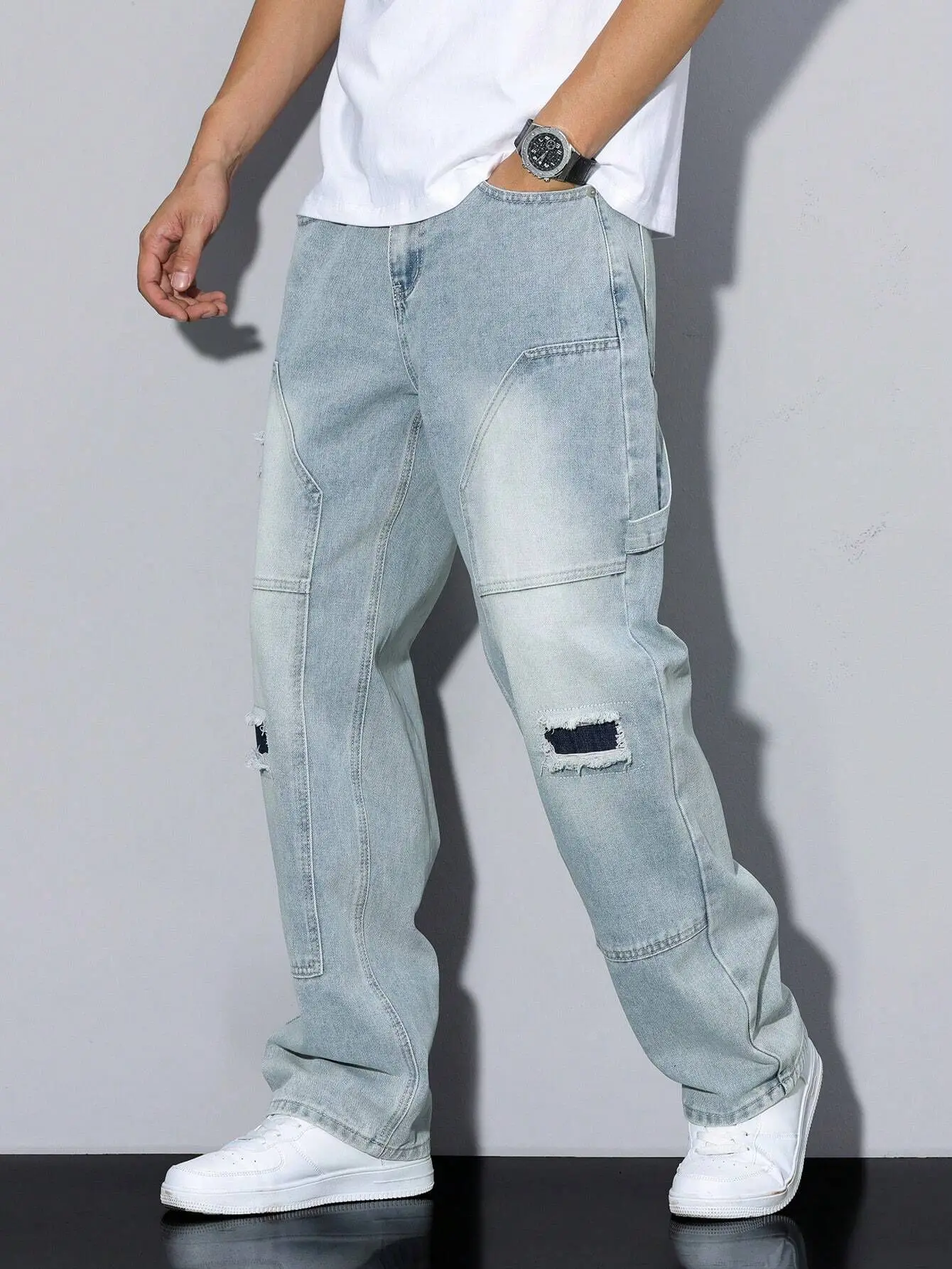 Autumn Ripped Patchwork Washed Blue Jeans American Retro Workwear Style Men's Splicing Design Straight Leg Loose Denim Pants