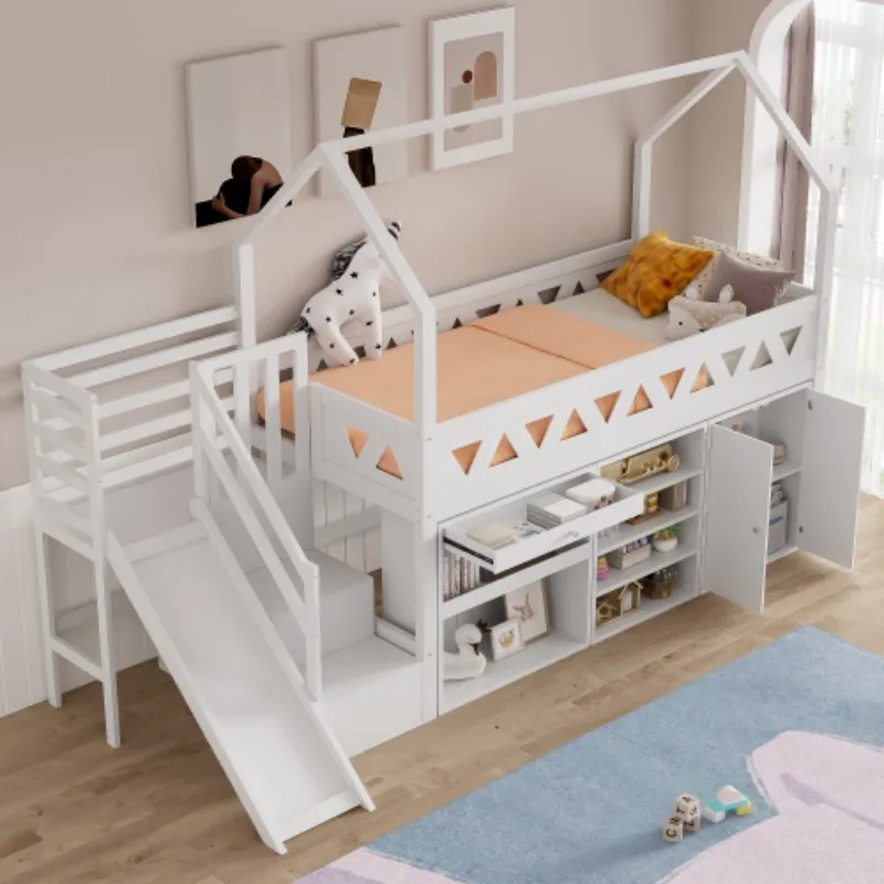 Children's Single Bed with Slide&Stairs,Multifunctional Solid Wood Bed Frame with Storage Drawers,Magnetic Locker Door,White