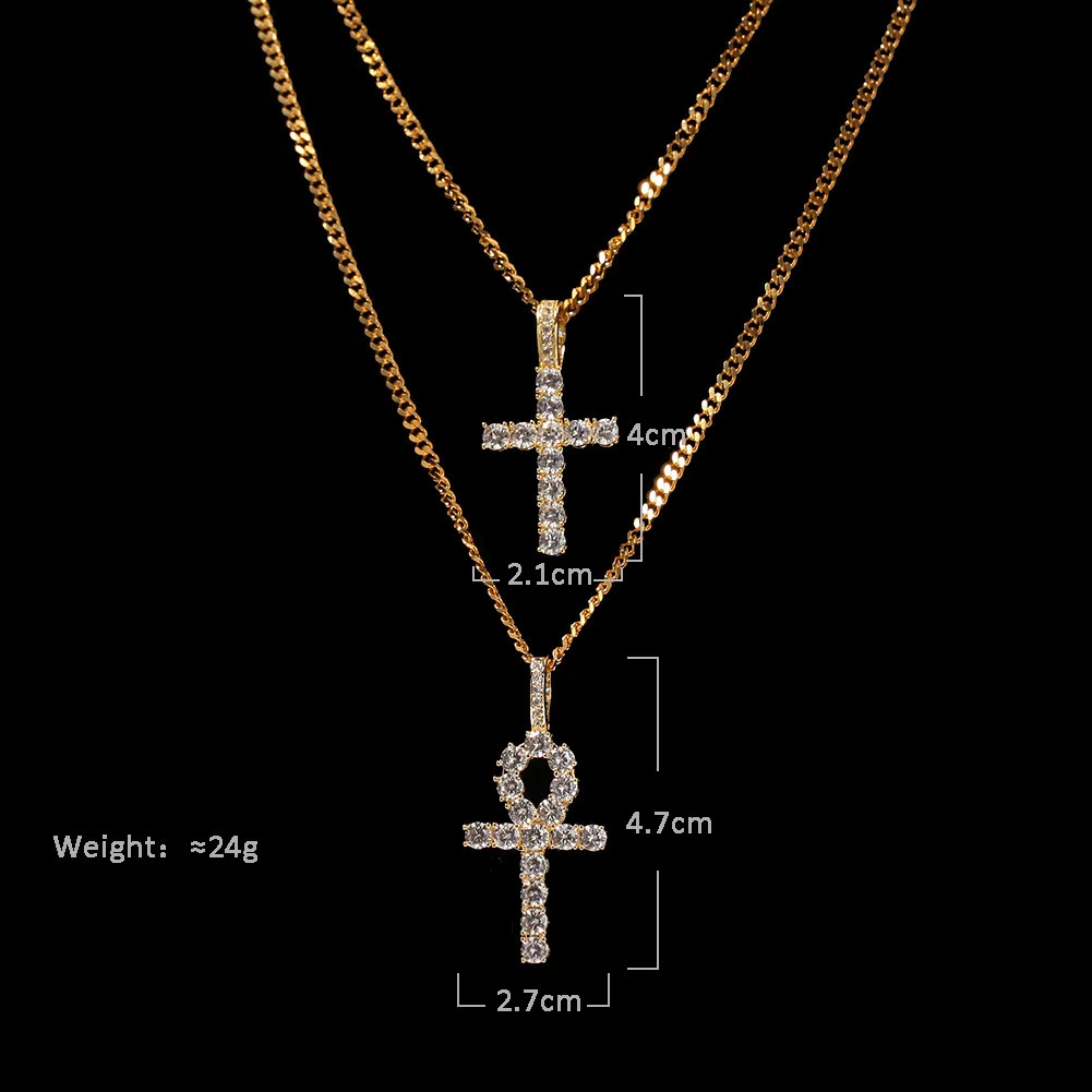 Bling Ankh Cross Necklace For Men Women Hip Hop Alloy Punk Cross Jewelry Full Rhinestone