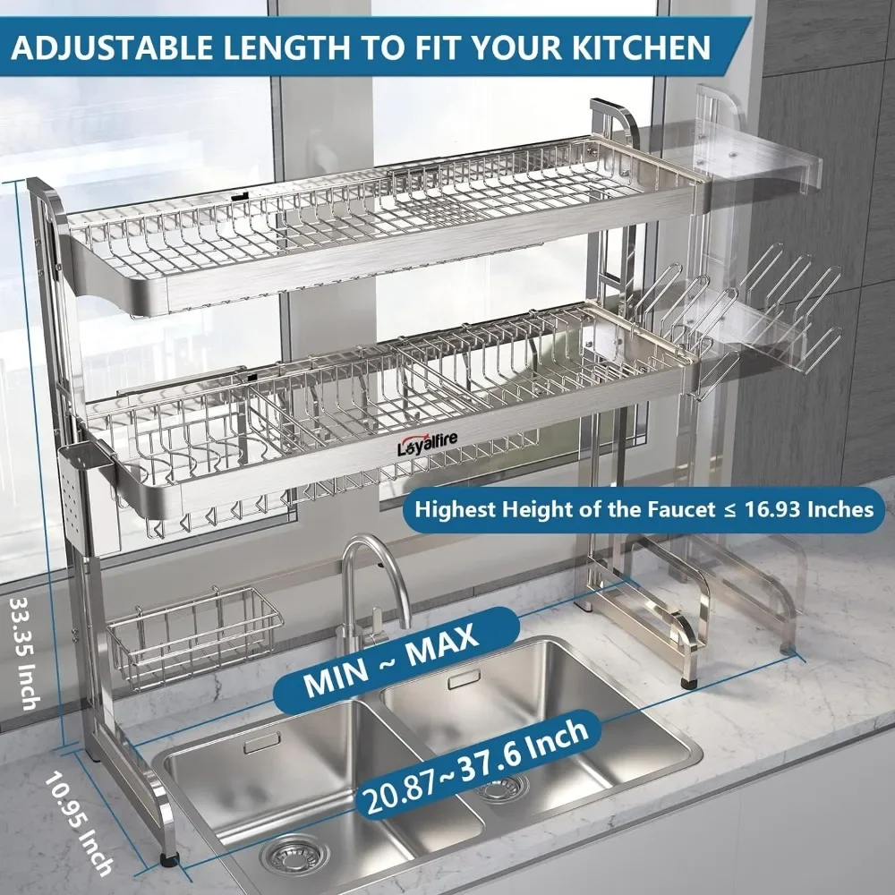 Over Sink Dish Drying Rack, 3 Tier Adjustable Length (20.87'' to 37.6'') Full Stainless Steel Large Storage Kitchen Dish Rack