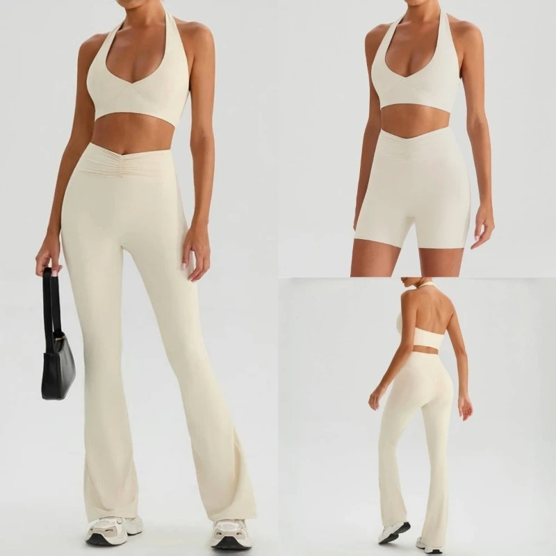 

Women's Yoga Set Nude Beautiful Back Quick Drying Slim Fit Neck Hanging Bra Yoga Pants Set Outdoor Sports and Fitness Suit