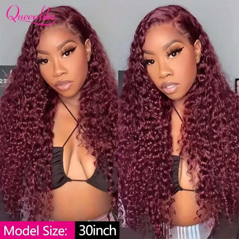 Queenlike 30inch 13x6 Burgundy Curly Lace Frontal Wig 99J Colored Human Hair Wigs for Women Brazilian Water Wave Wigs on Sale